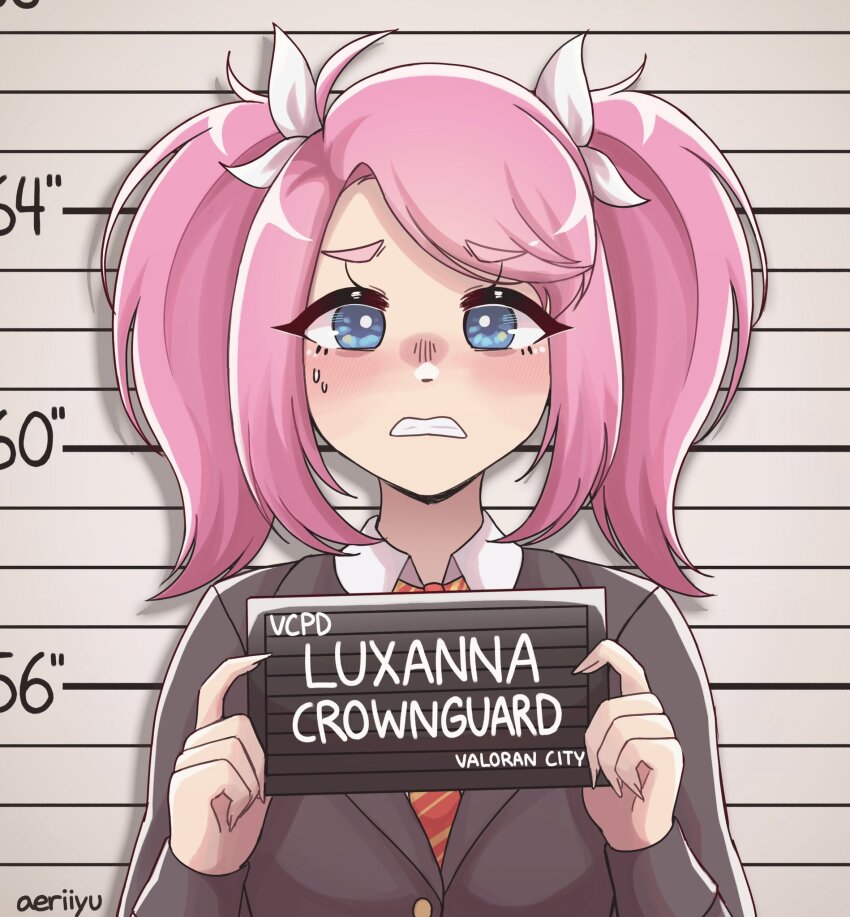 1girl, aeriiyu, barbie_(franchise), barbie_(live_action), black_jacket, blue_eyes, blush, character_name, collared_shirt, d:, grey_shirt, hair_ribbon, hands_up, highres, jacket, league_of_legends, long_hair, long_sleeves, lux_(league_of_legends), meme, necktie, open_mouth, pink_hair, red_necktie, ribbon, shirt, solo, star_guardian_(league_of_legends), star_guardian_lux, striped_clothes, striped_necktie, teeth, twintails, upper_body, white_ribbon