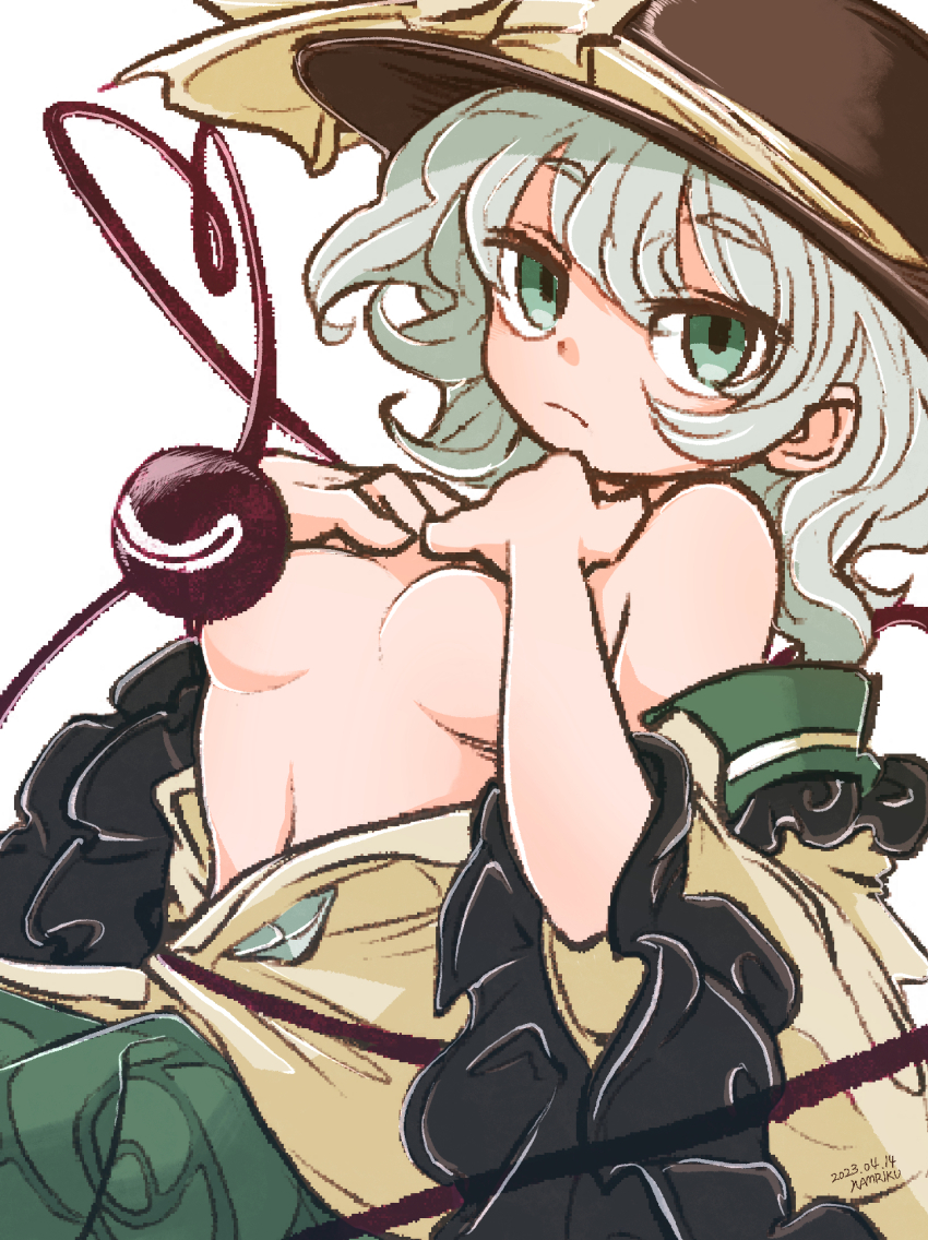 1girl, bare_shoulders, black_hat, blouse, bow, breasts, buttons, closed_mouth