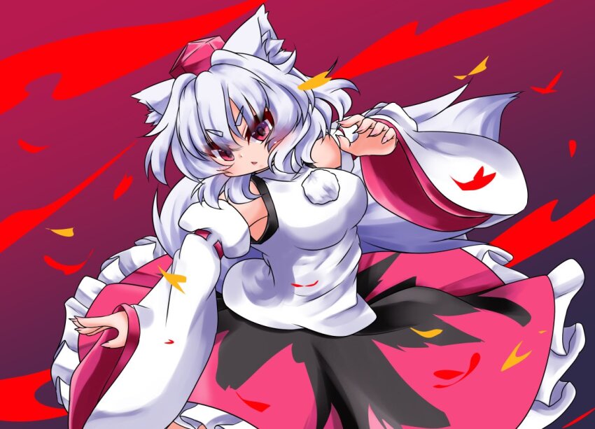 1girl, animal_ear_fluff, animal_ears, black_skirt, commentary, detached_sleeves, fingernails, frilled_skirt