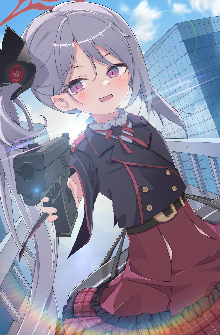 1girl, absurdres, bag, black_shirt, blue_archive, blue_sky, blush, building