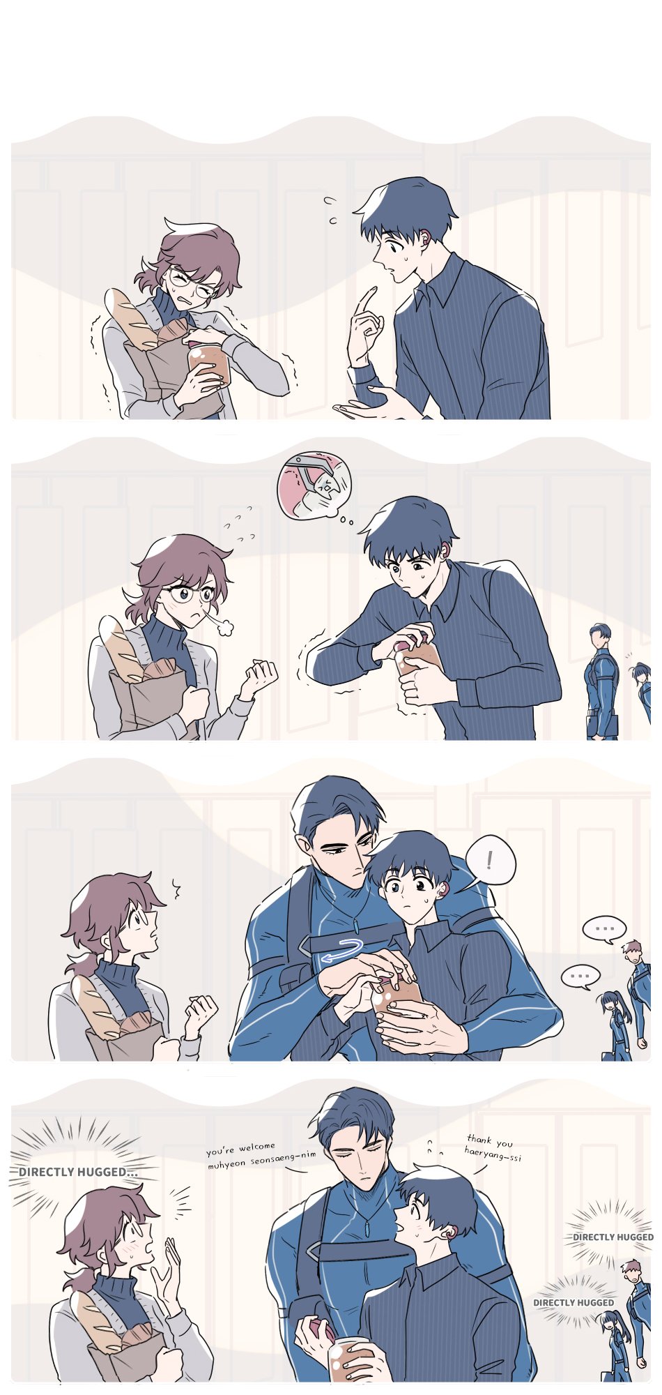 !, 2girls, 3boys, 4koma, baek_ae-young, bag, baguette, black_hair