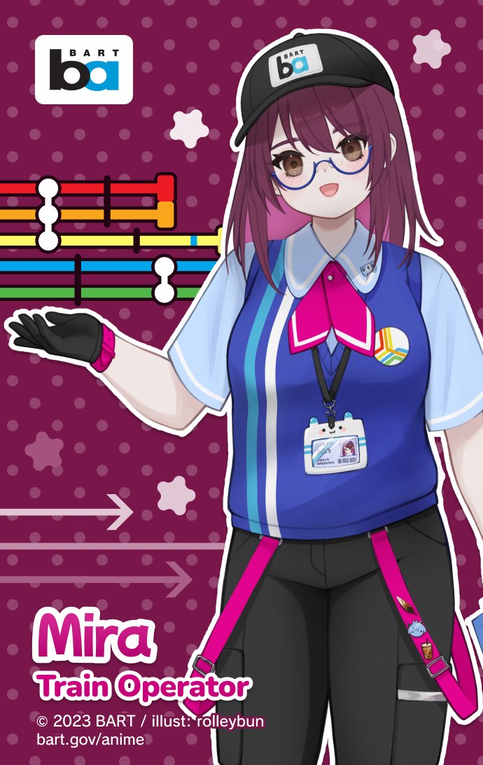 1girl, arrow_(symbol), badge, bay_area_rapid_transit, black_pants, blue-framed_eyewear, blue_sweater_vest, breasts
