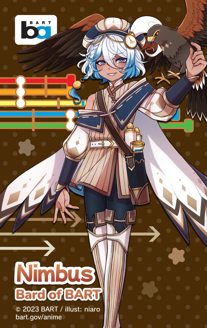 1girl, 2023, arrow_(symbol), bay_area_rapid_transit, bird, brown_background, cape, commentary