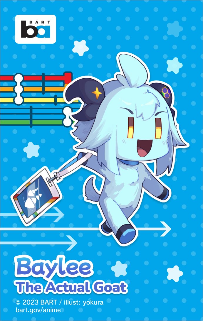 1other, 2023, bay_area_rapid_transit, baylee_(goat)_(bart), blue_background, blue_fur, commentary, commission, english_commentary, english_text, full_body, furry, goat, holding, medium_hair, open_mouth, original, solid_oval_eyes, yokura_(yukilina)