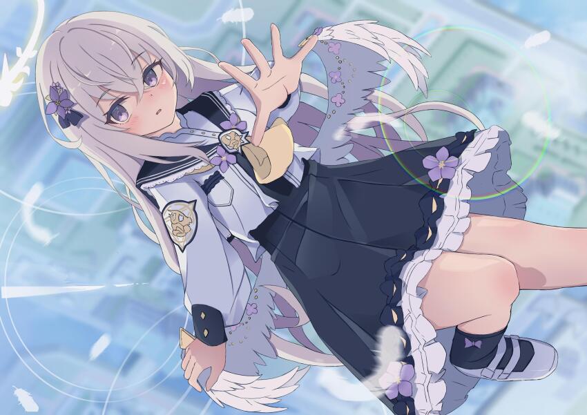 1girl, absurdres, azusa_(blue_archive), black_dress, black_socks, blue_archive, blush, collared_shirt, commentary_request, dress, feathers, flower, hair_flower, hair_ornament, halo, highres, korean_commentary, kucu, long_hair, looking_at_viewer, open_mouth, purple_eyes, purple_hair, shirt, socks, solo, very_long_hair, white_footwear, white_shirt, wings