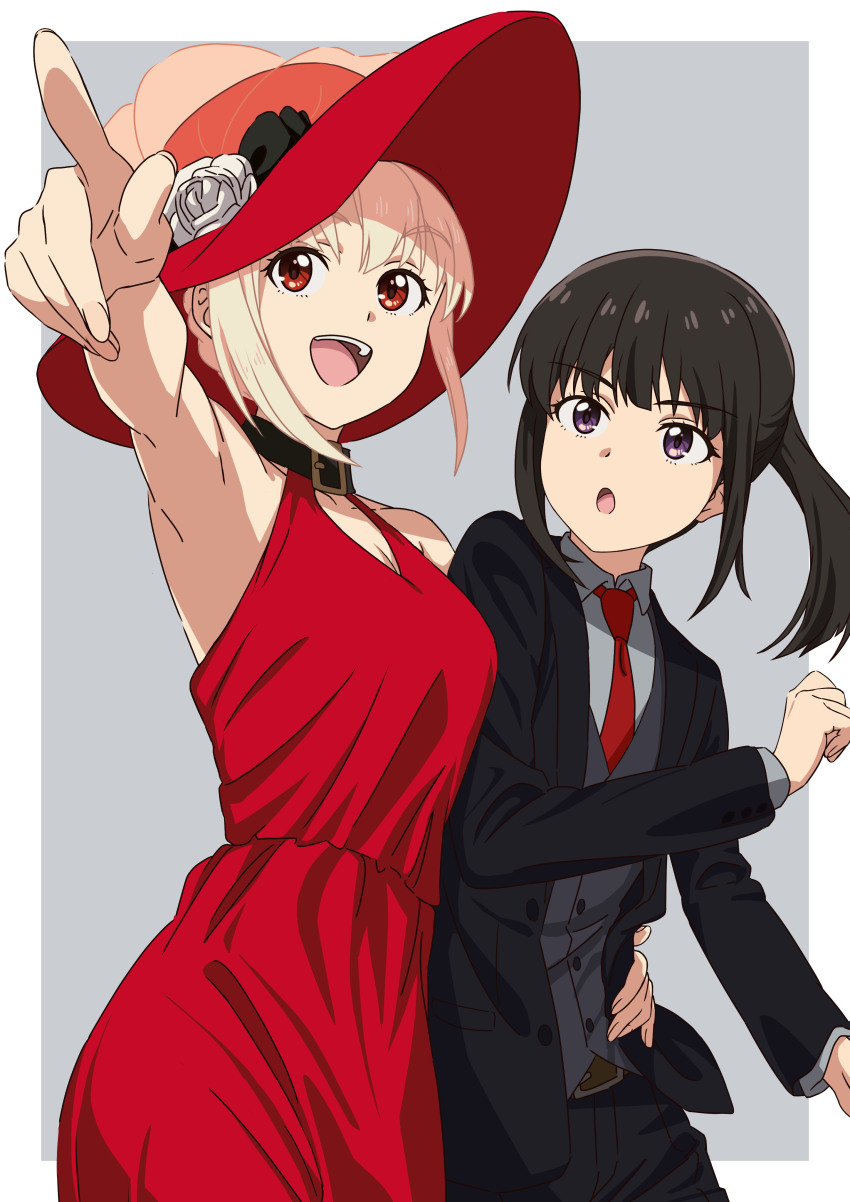 2girls, :d, :o, absurdres, arm_around_another's_waist, arm_up, asada7101, belt_buckle