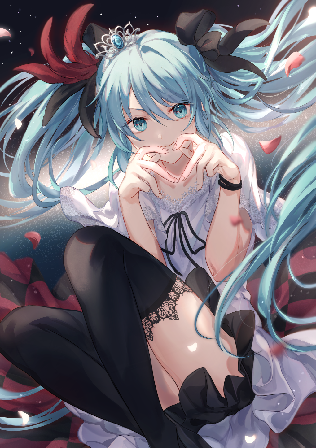 1girl, black_boots, black_bow, black_ribbon, black_skirt, blue_eyes, blue_gem, blue_hair