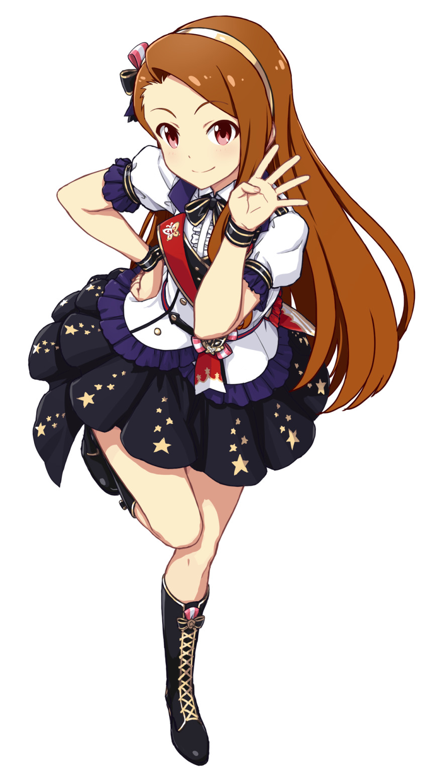 1girl, black_boots, black_skirt, boots, brown_hair, closed_mouth, dream_prelude_(idolmaster), full_body, hairband, hand_on_own_hip, heppoko_r, highres, idolmaster, idolmaster_(classic), idolmaster_million_live!, idolmaster_million_live!_theater_days, jacket, knee_boots, long_hair, minase_iori, miniskirt, pleated_skirt, print_skirt, red_eyes, short_sleeves, simple_background, skirt, smile, solo, standing, standing_on_one_leg, star_(symbol), star_print, swept_bangs, very_long_hair, white_background, white_hairband, white_jacket, wristband