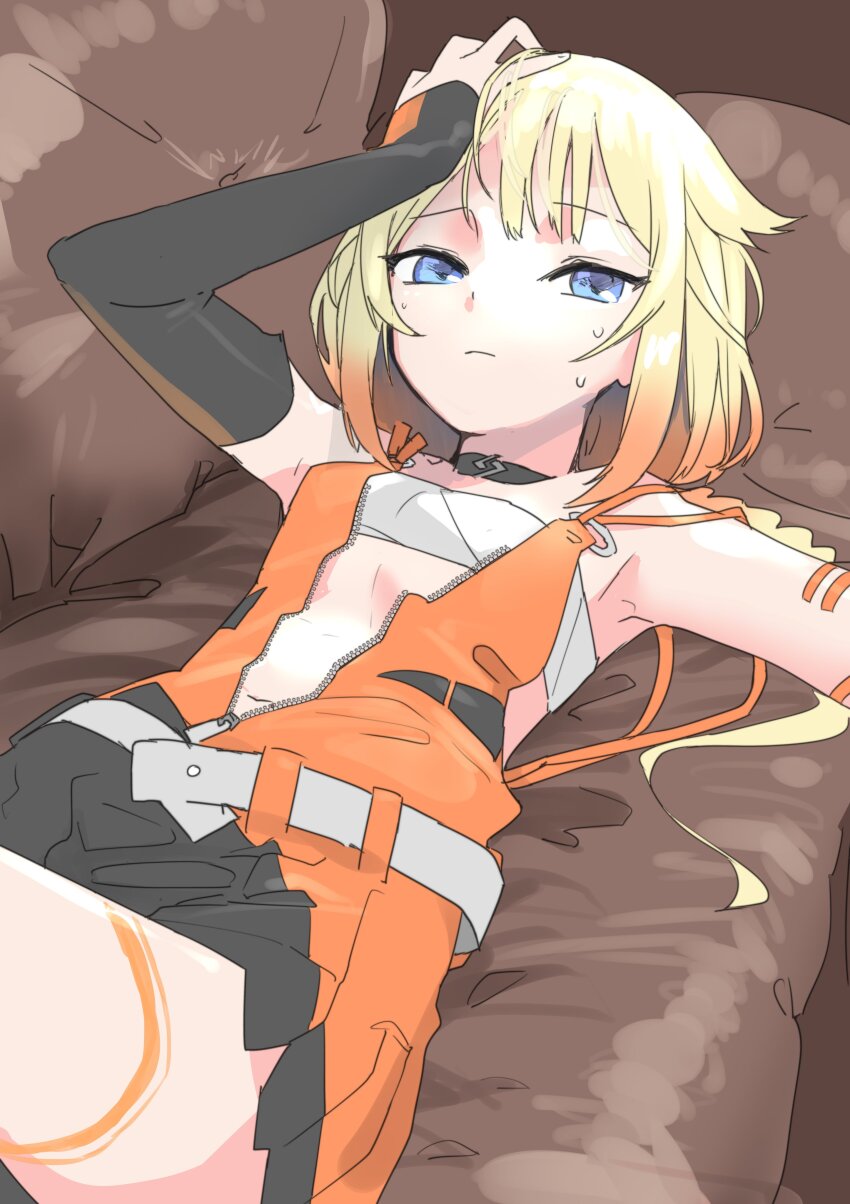 1girl, absurdres, armpits, bandeau, belt, black_choker, blonde_hair, blue_eyes, cevio, choker, closed_mouth, commentary_request, couch, cowboy_shot, detached_sleeves, dress, gin_no_taiyou, grey_belt, hair_flaps, half-closed_eyes, hand_on_own_head, highres, knee_up, light_frown, looking_at_viewer, lying, multicolored_hair, navel, on_back, on_couch, one_(cevio), orange_dress, orange_hair, partially_unzipped, ponytail, raised_eyebrow, short_dress, single_detached_sleeve, sleeveless, sleeveless_dress, solo, spaghetti_strap, stomach, sweat, white_bandeau, zipper