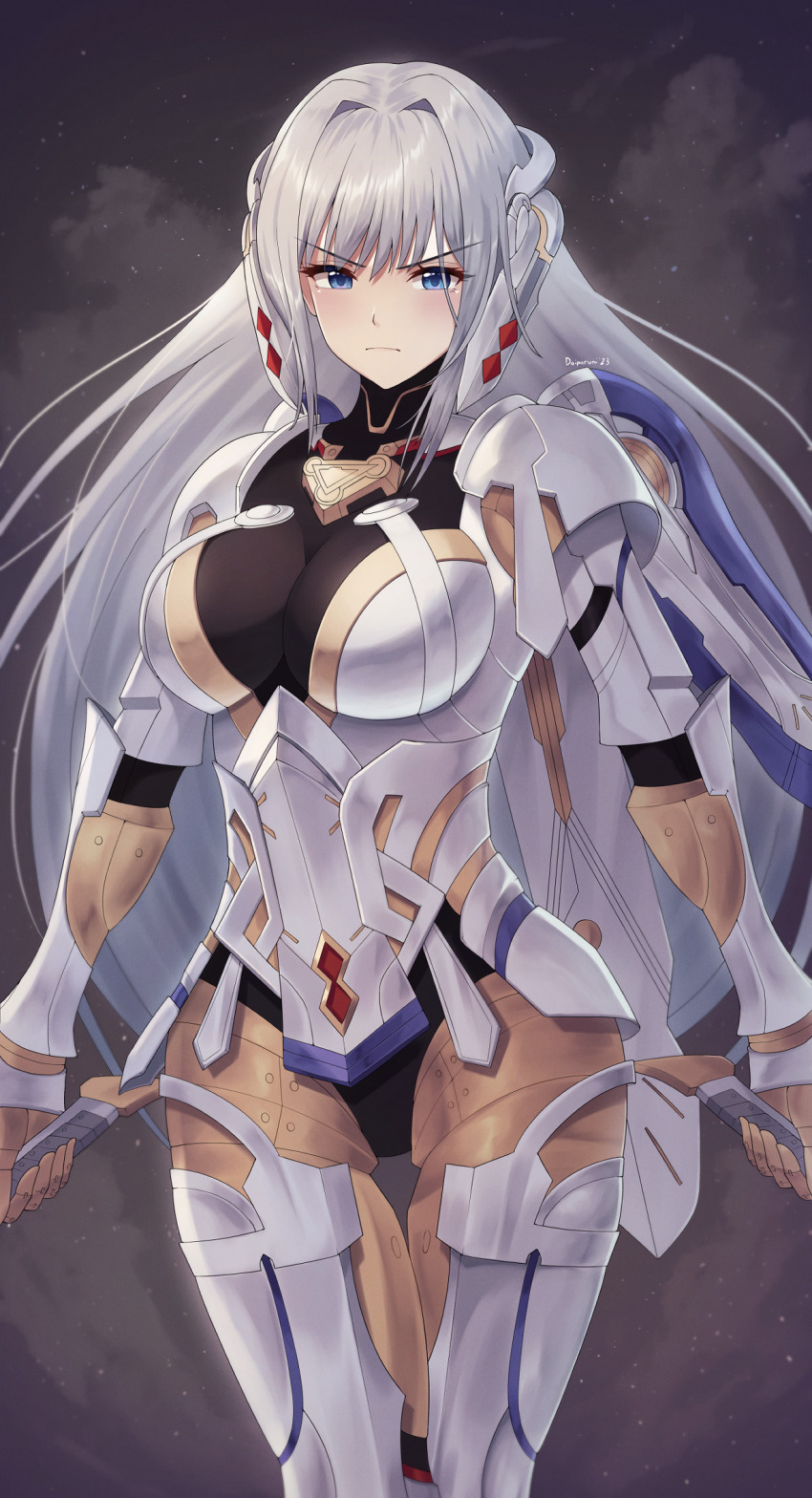 1girl, blue_eyes, breasts, cosplay, doiparuni, ethel_(xenoblade), fiora_(xenoblade), grey_hair, highres, large_breasts, long_hair, mecha-fiora, mecha-fiora_(cosplay), robot, very_long_hair, xenoblade_chronicles_(series), xenoblade_chronicles_3