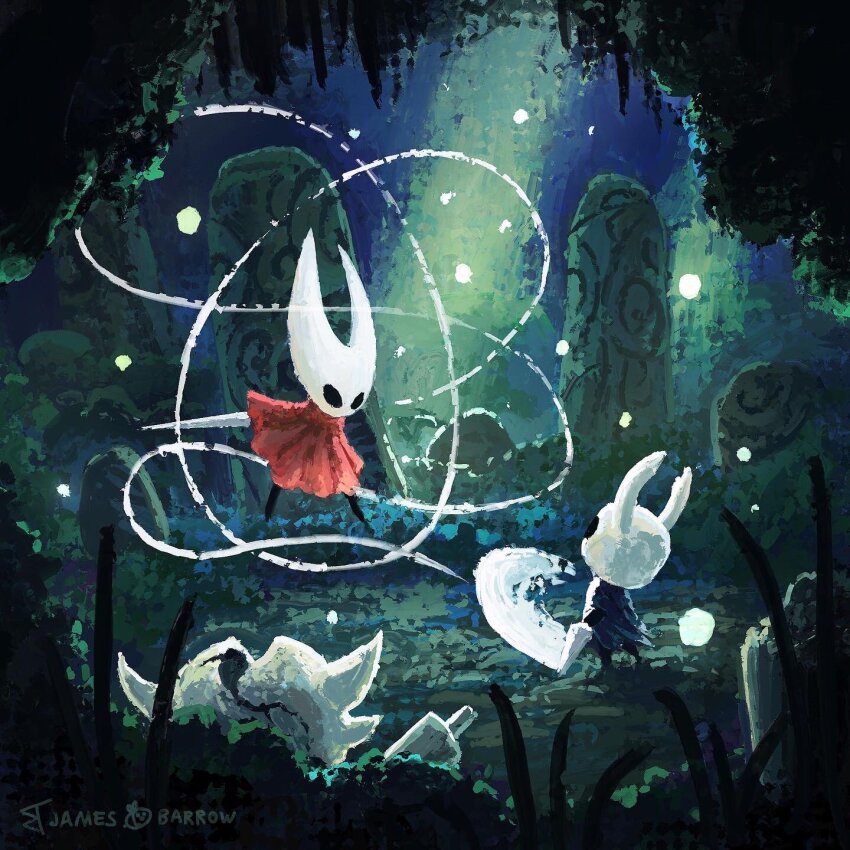 1girl, 1other, artist_name, bug, cape, cloak, full_body, greenpath_vessel_(hollow_knight)