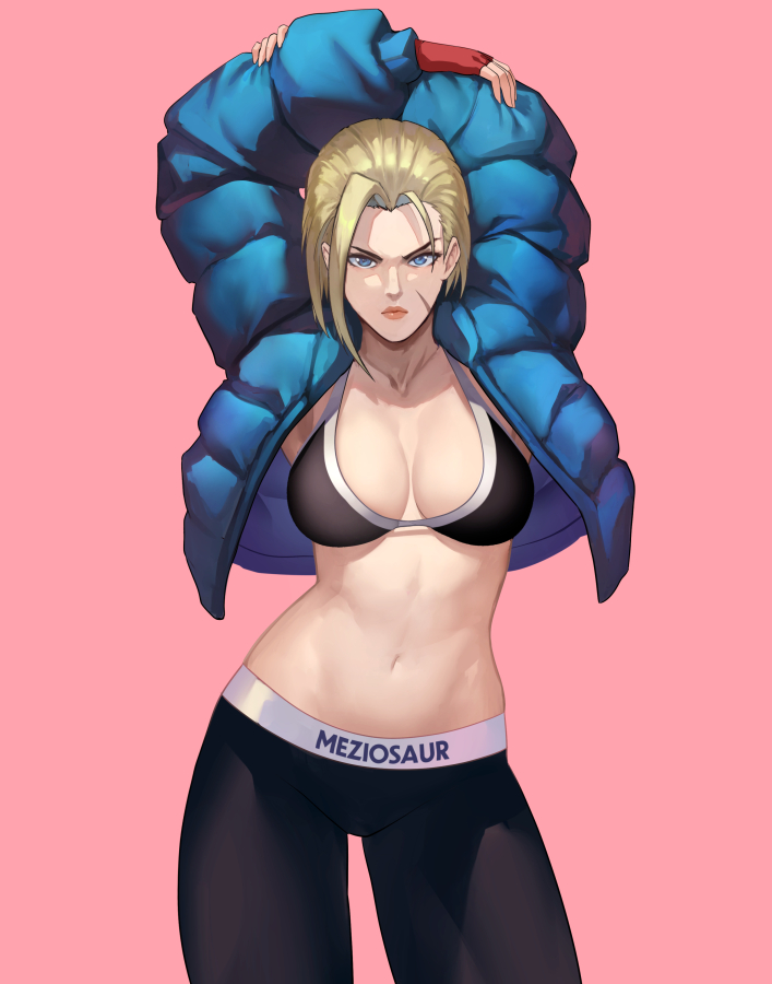 1girl, arms_behind_head, artist_name, black_sports_bra, blonde_hair, blue_coat, blue_eyes, breasts