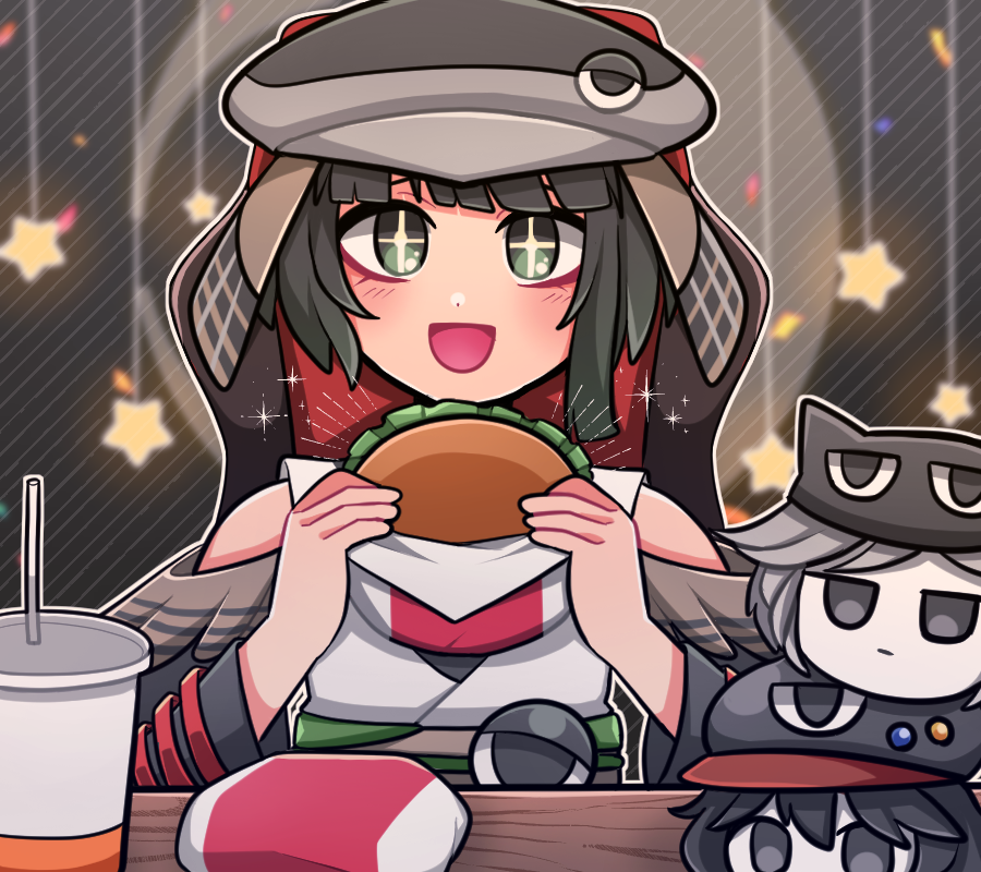 1boy, 1jumangoku, 2others, animal_ears, bare_shoulders, black_background, black_hair, black_headwear