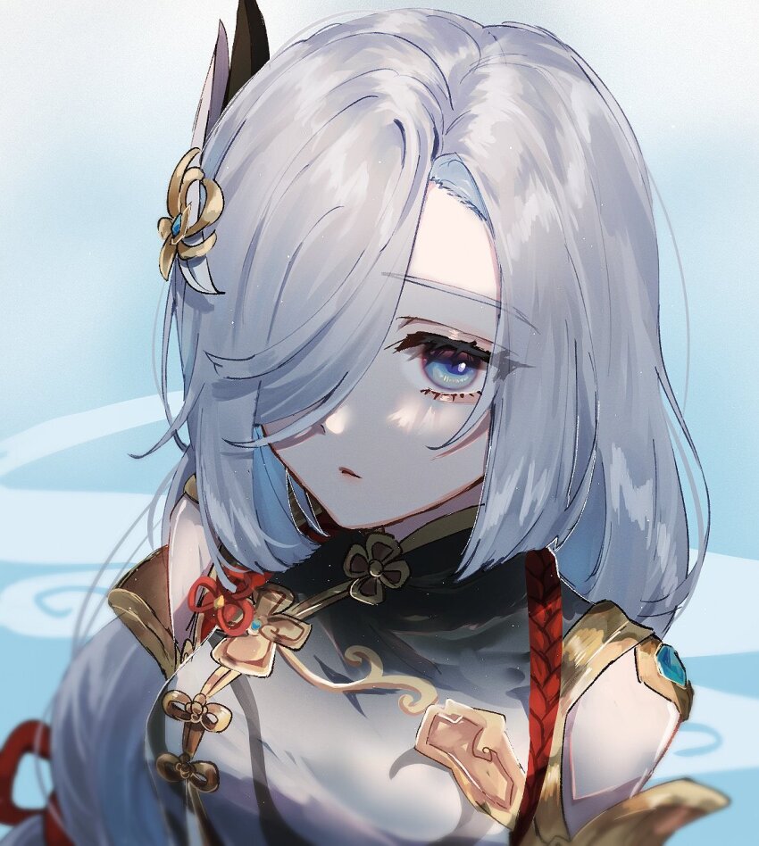 1girl, bare_shoulders, blue_background, blue_eyes, braid, breasts, eyeshadow, genshin_impact