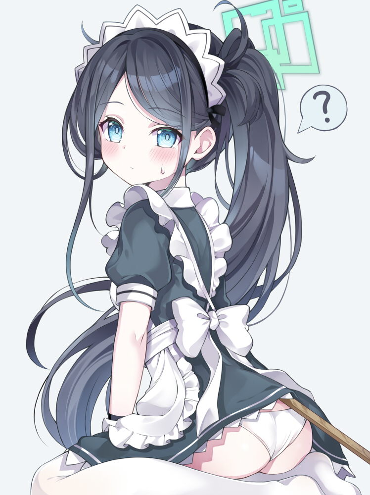 1girl, ?, apron, aris_(blue_archive), aris_(maid)_(blue_archive), ass, black_dress, black_hair, blue_archive, blue_eyes, blush, clothes_lift, dress, dress_lift, female_focus, from_behind, halo, loli, long_hair, looking_at_viewer, looking_back, maid, maid_headdress, myuton, no_shoes, panties, ponytail, short_dress, sitting, solo, spoken_question_mark, thighhighs, underwear, very_long_hair, wedgie, white_apron, white_panties, white_thighhighs