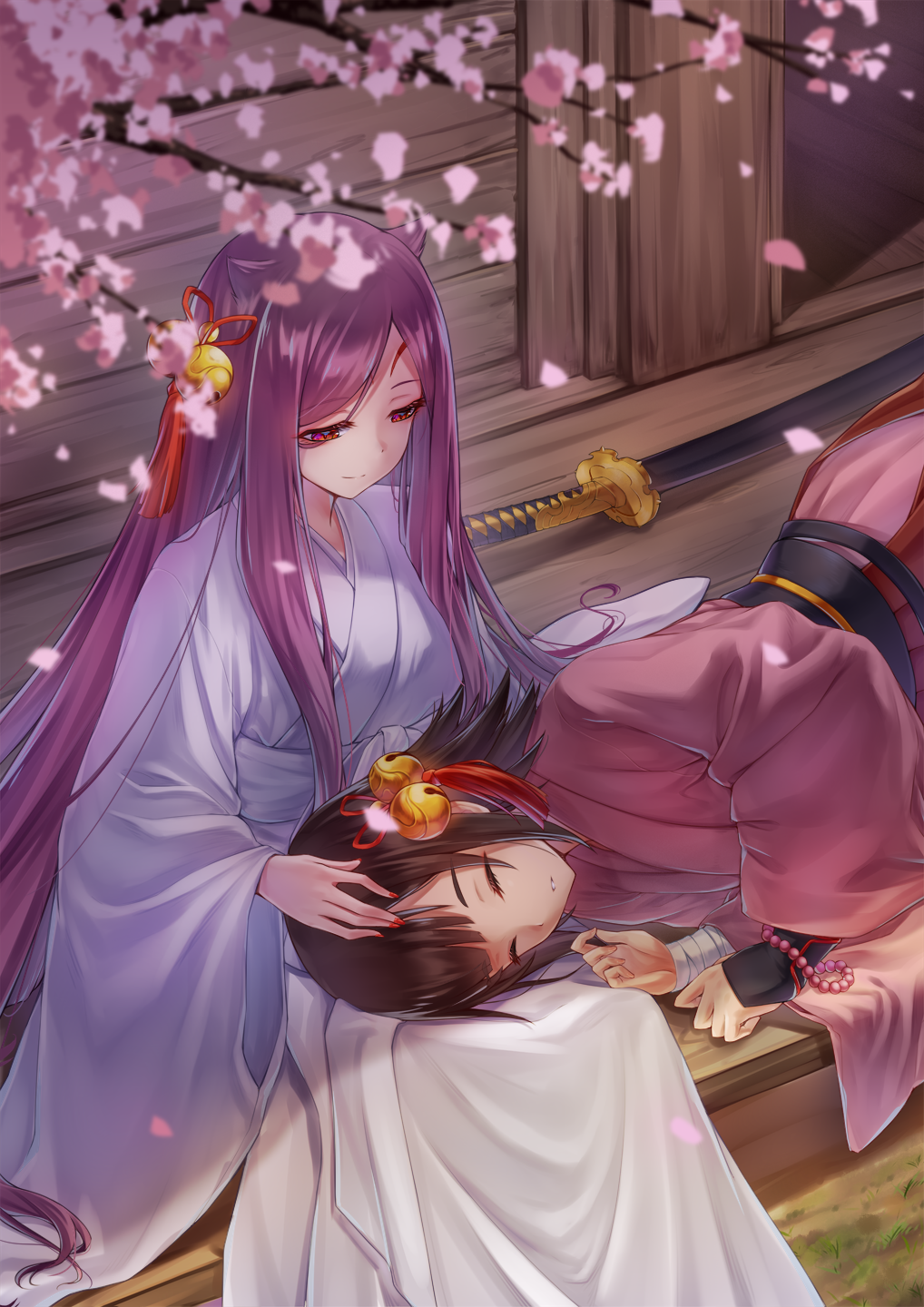2girls, bead_bracelet, beads, bell, black_hair, bracelet, cherry_blossoms, closed_eyes, dakki_the_graceful_mayakashi, day, duel_monster, highres, japanese_clothes, jewelry, jingle_bell, kimono, lap_pillow, long_hair, looking_at_another, medium_hair, multiple_girls, nail_polish, outdoors, petting, pink_kimono, porch, purple_hair, red_eyes, shiranui_squire, shun_no_shun, sitting, sleeping, smile, sword, very_long_hair, weapon, white_kimono, yu-gi-oh!, yuri