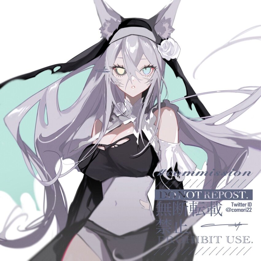 1girl, animal_ears, black_sclera, blue_eyes, breasts, cleavage, colored_sclera, commission