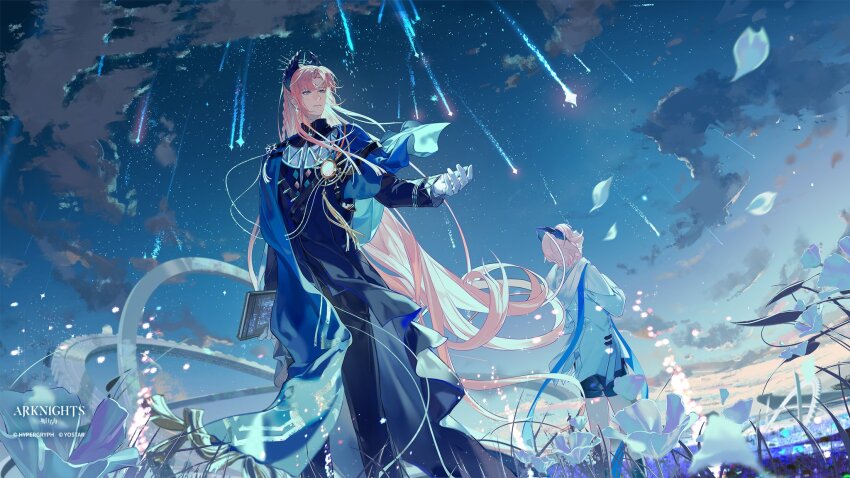 2boys, aged_down, aiguillette, arknights, bird_boy, black_jacket, black_pants, black_shorts