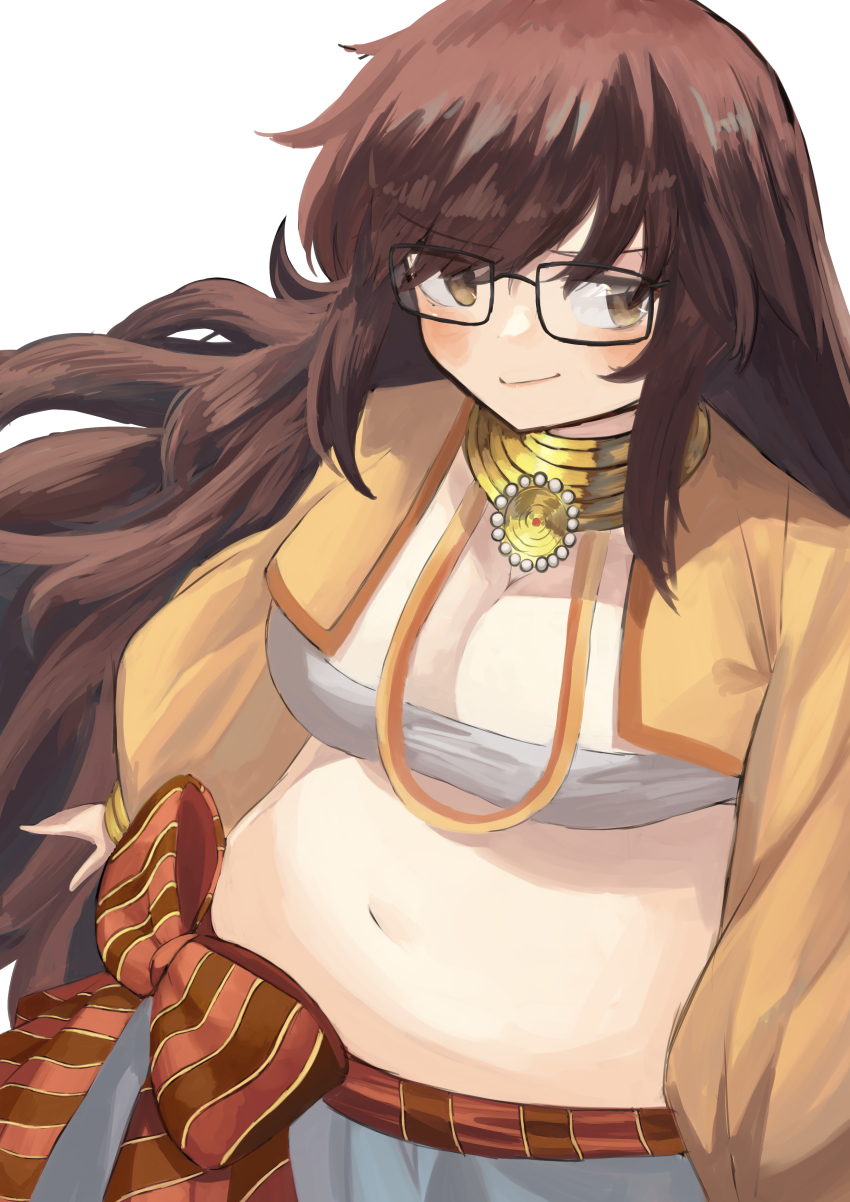1girl, absurdres, belly, black-framed_eyewear, blush, bow, breasts, brown_eyes, brown_hair, cleavage, commentary_request, commission, fate/grand_order, fate_(series), ganesha_(fate), glasses, highres, jinako_carigiri, kokoa_10701, large_breasts, long_hair, looking_at_viewer, midriff, navel, pixiv_commission, plump, sidelocks, simple_background, smile, solo, very_long_hair, white_background