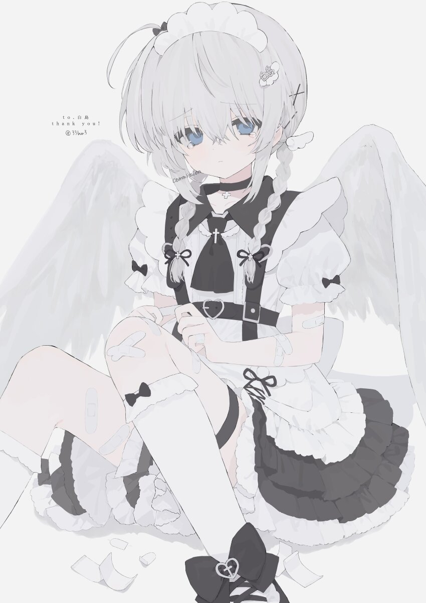 1girl, 33bun3, absurdres, angel_wings, ascot, black_ascot, black_bow, black_shoes