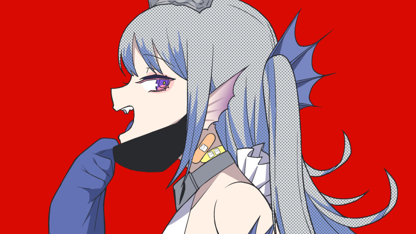 1girl, adjusting_mask, bandaid, bandaid_on_neck, bare_shoulders, collar, duel_monster, fangs