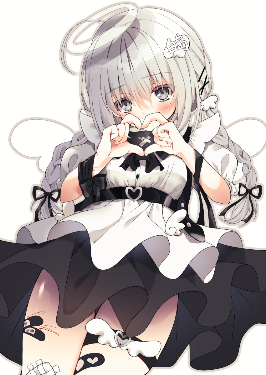 1girl, absurdres, ahoge, apron, bandaid, bandaid_on_leg, black_dress, black_ribbon