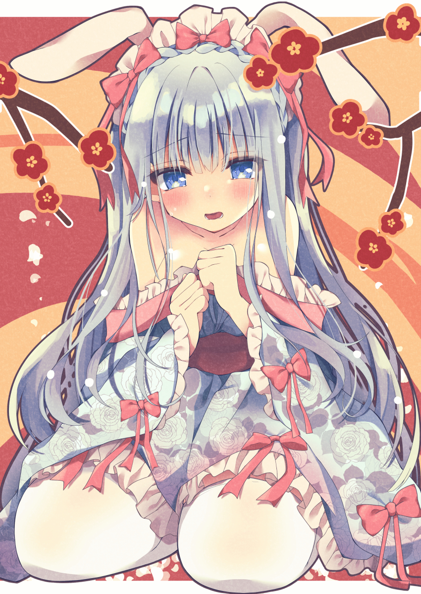 1girl, absurdres, bare_shoulders, blue_eyes, blush, bow, branch, commission