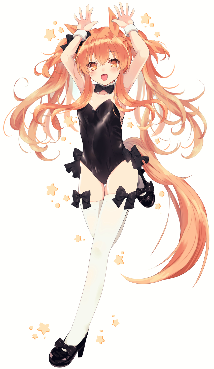 1girl, absurdres, animal_ears, arms_up, black_bow, black_leotard, black_shoes, blush, bow, commentary, cutelolily, full_body, highres, horse_ears, horse_girl, horse_tail, leotard, long_hair, mayano_top_gun_(umamusume), open_mouth, orange_eyes, orange_hair, playboy_bunny, rabbit_pose, shoes, sidelocks, simple_background, smile, solo, standing, standing_on_one_leg, star_(symbol), untranslatable_commentary, tail, thighhighs, twintails, umamusume, very_long_hair, white_background, white_thighhighs, wrist_cuffs