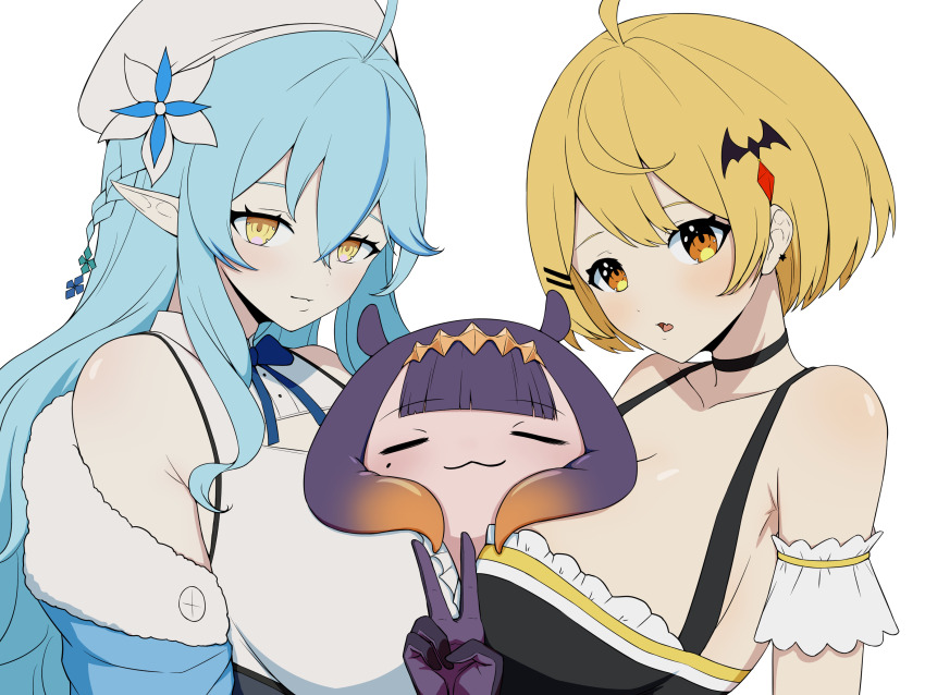 3girls, :3, :o, absurdres, ahoge, bat_hair_ornament, beret, between_breasts