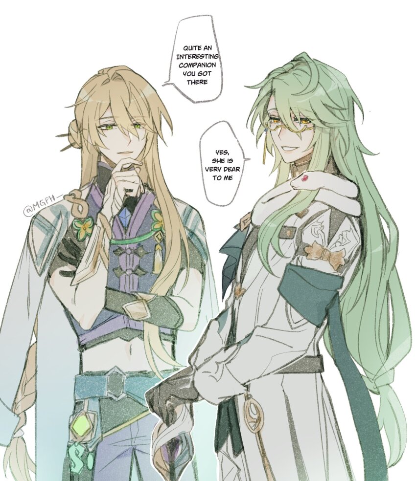 2boys, animal, animal_around_neck, baizhu_(genshin_impact), baizhu_(genshin_impact)_(cosplay), black_gloves, blonde_hair, braid, changsheng_(genshin_impact), chinese_clothes, commentary, company_connection, cosplay, english_commentary, english_text, genshin_impact, glasses, gloves, green_eyes, green_hair, highres, honkai:_star_rail, honkai_(series), long_hair, looking_at_animal, low-braided_long_hair, low-tied_long_hair, luocha_(honkai:_star_rail), luocha_(honkai:_star_rail)_(cosplay), male_focus, mgph, midriff, multiple_boys, navel, pants, simple_background, smile, snake, speech_bubble, standing, twitter_username, vision_(genshin_impact), white_background, white_pants, white_sleeves, white_snake, yellow_eyes