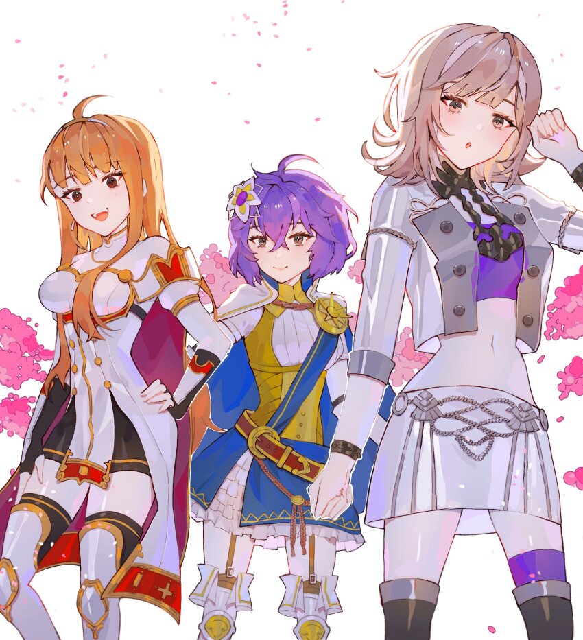 3girls, :d, absurdres, bernadetta_von_varley, blonde_hair, blue_cape, cape, celica_(fire_emblem), celica_(fire_emblem)_(cosplay), christine_marie_cabanos, cosplay, danganronpa_(series), danganronpa_2:_goodbye_despair, erica_lindbeck, erica_mendez, fire_emblem, fire_emblem:_three_houses, fire_emblem_echoes:_shadows_of_valentia, fire_emblem_warriors, flower, garreg_mach_monastery_uniform, grey_skirt, grey_vest, hair_flower, hair_ornament, hapi_(fire_emblem), hapi_(fire_emblem)_(cosplay), highres, lianna_(fire_emblem), lianna_(fire_emblem)_(cosplay), long_hair, looking_at_viewer, multiple_girls, nanami_chiaki, navel, nintendo, open_mouth, orange_hair, persona, persona_5, purple_hair, sakura_futaba, shan0732, skirt, smile, vest, voice_actor_connection