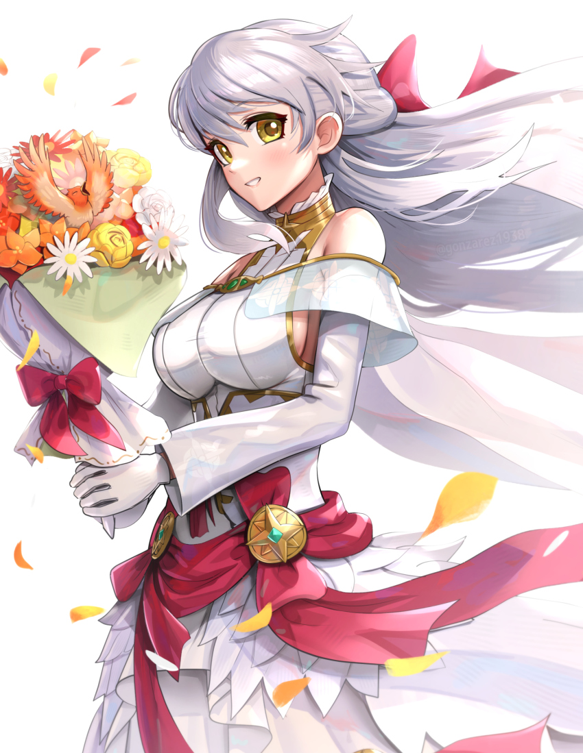1girl, bare_shoulders, bouquet, breasts, commentary, detached_sleeves, dress, fire_emblem
