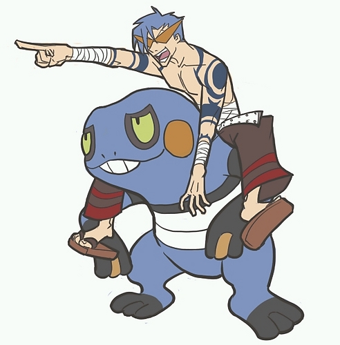 00s, 1boy, blue_hair, carrying, croagunk, crossover, gen_4_pokemon, kamina_(ttgl)