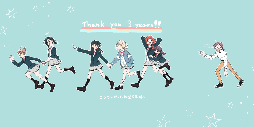 6+girls, :d, absurdres, ahoge, arms_behind_head, black_footwear, black_hair, black_socks