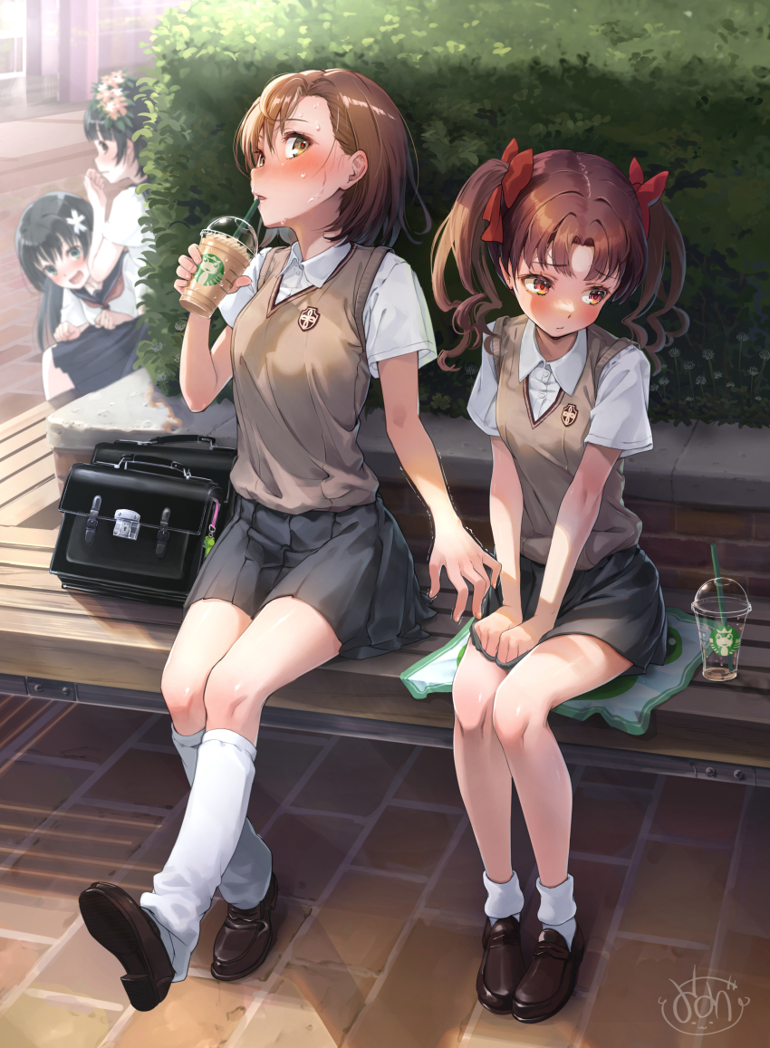 4girls, absurdres, aqua_eyes, asymmetrical_bangs, bag, bench, black_bag, black_hair