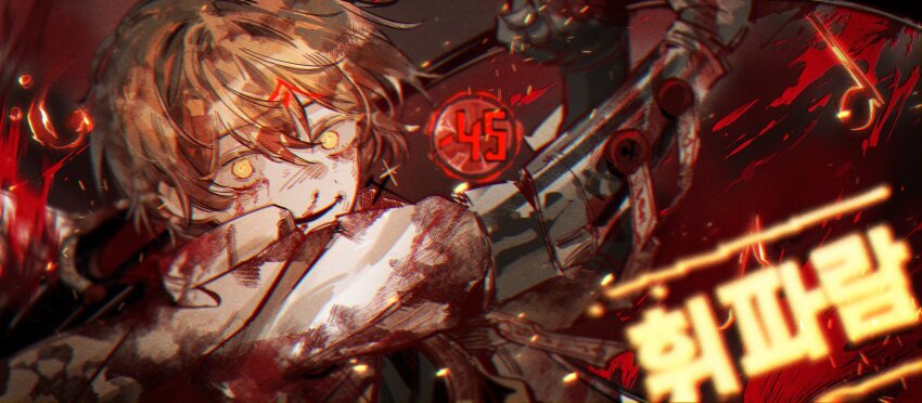 1boy, blonde_hair, blood, blood_on_clothes, blood_on_face, chromatic_aberration, colored_eyelashes, commentary_request