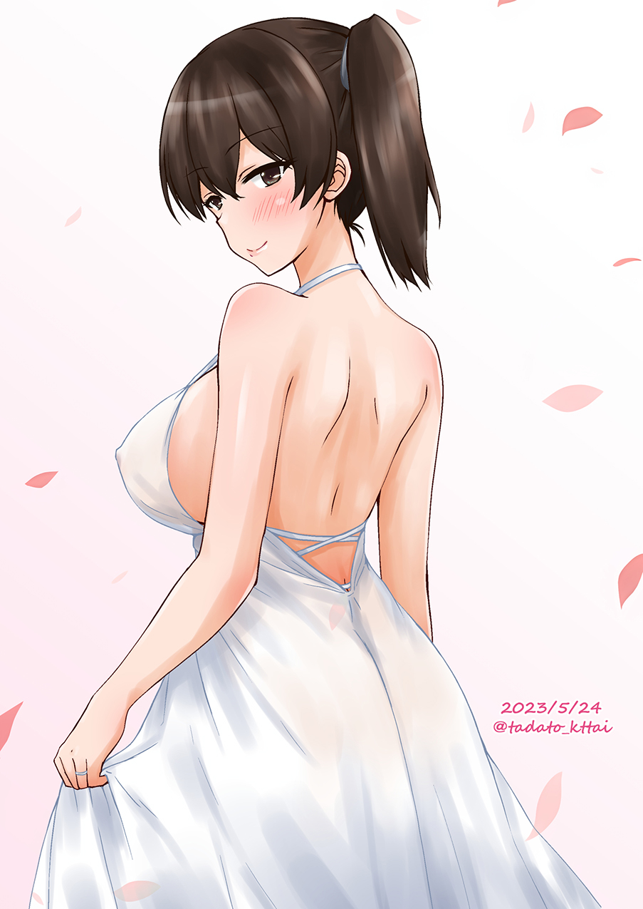 1girl, artist_name, back, blush, breasts, bride, brown_eyes, brown_hair