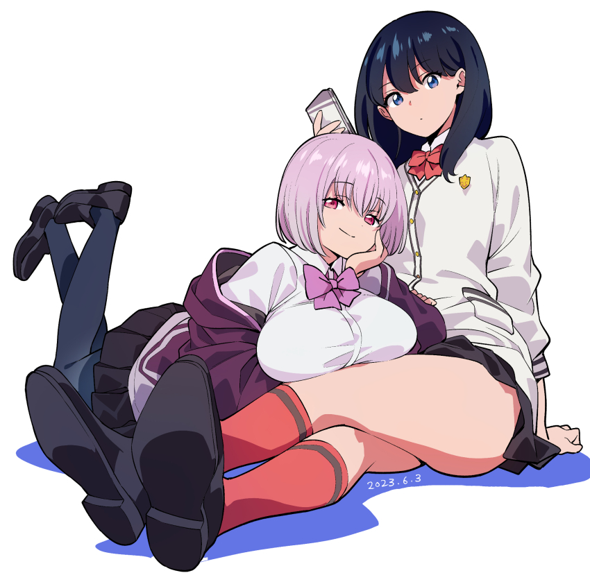 2girls, black_hair, black_pantyhose, black_skirt, blue_eyes, bow, bowtie, breasts, cellphone, collared_shirt, dated, gridman_universe, highres, holding, holding_phone, jacket, large_breasts, long_hair, medium_hair, multiple_girls, off_shoulder, okuyama, pantyhose, phone, pleated_skirt, purple_bow, purple_bowtie, purple_hair, purple_jacket, red_bow, red_bowtie, red_eyes, red_socks, school_uniform, shinjou_akane, shirt, skirt, smartphone, socks, ssss.gridman, takarada_rikka, white_shirt