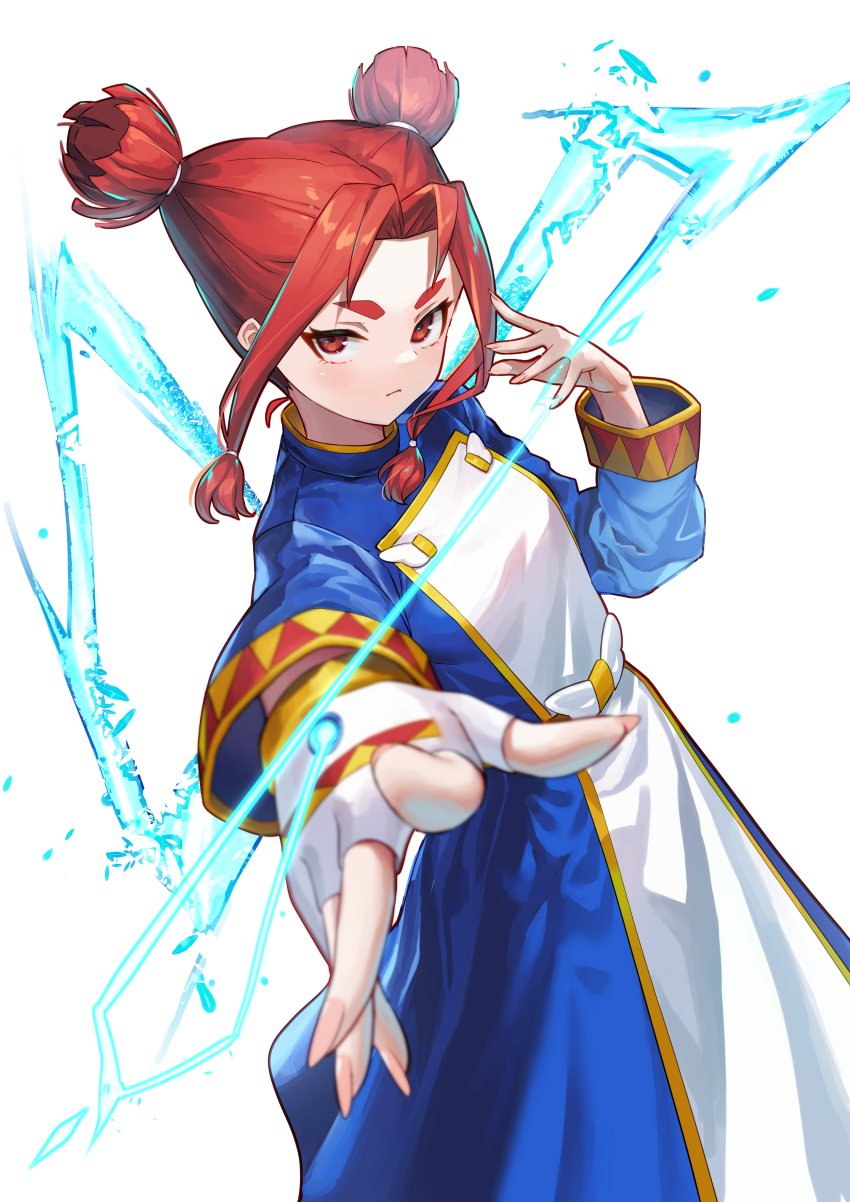 absurdres, beryberie, blue_dress, dress, electricity, expressionless, fingerless_gloves, fingernails