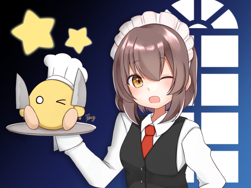 100%_orange_juice, 1girl, black_vest, brown_hair, chef_(qp_shooting), chef_hat, chris_(orange_juice), collared_shirt