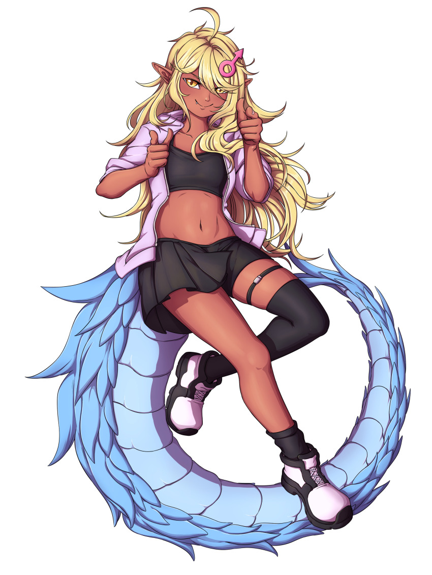 1boy, absurdres, ahoge, asymmetrical_legwear, black_skirt, black_sports_bra, blonde_hair, borrowed_character