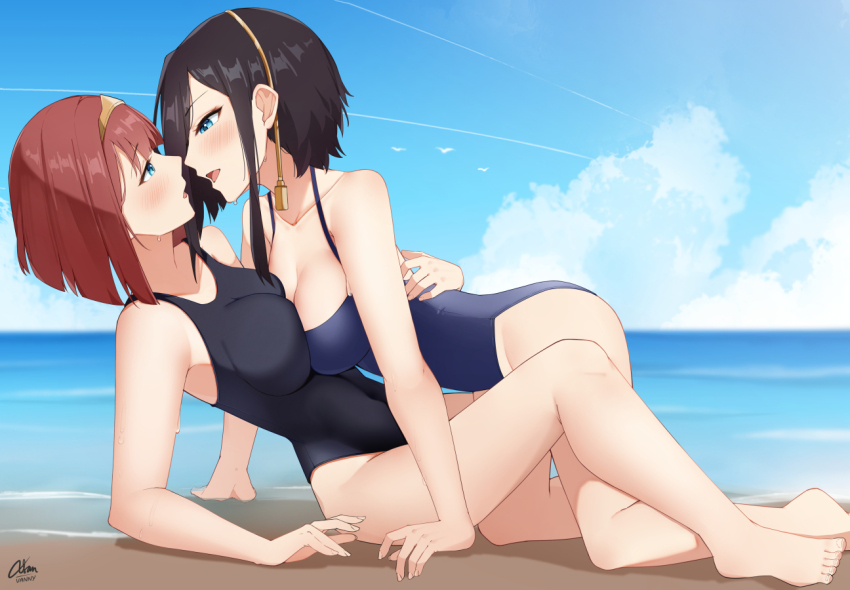 2girls, ark_royal_(azur_lane), ark_royal_(kancolle), azur_lane, beach, black_hair, blue_eyes, bob_cut, breast_press, commission, crossover, day, eye_contact, historical_name_connection, kantai_collection, looking_at_another, multiple_girls, name_connection, ocean, one-piece_swimsuit, outdoors, red_hair, short_hair, swimsuit, symmetrical_docking, xsan_vanny, yuri