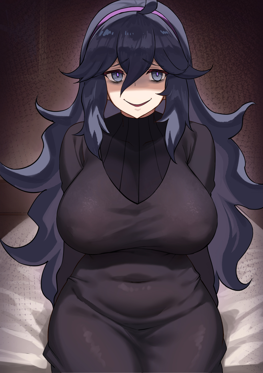 1girl, absurdres, ahoge, alternate_breast_size_(larger), arms_behind_back, bags_under_eyes, bed_sheet, black_dress, black_hair, blue_eyes, breasts, covered_navel, cowboy_shot, dress, gradient_background, hair_between_eyes, hairband, hex_maniac_(pokemon), hex_maniac_(pokemon_xy), highres, kora574, large_breasts, long_hair, messy_hair, nintendo, pokemon, pokemon_x_and_y, sitting, smile, solo