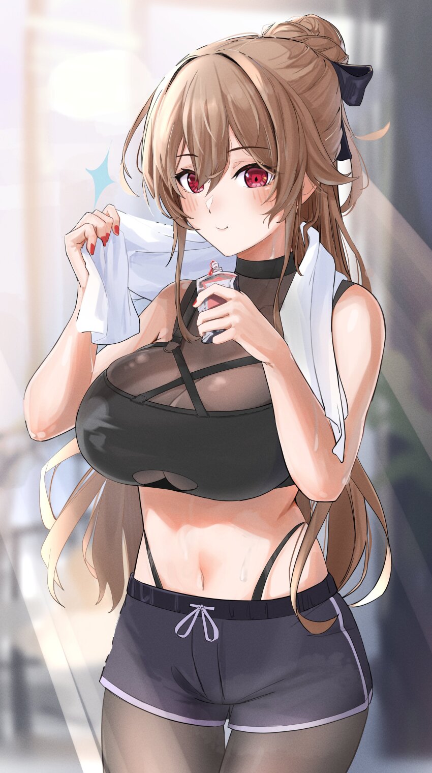 1girl, absurdres, black_pantyhose, black_shirt, blush, breasts, brown_hair, cleavage_cutout