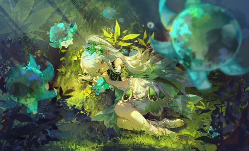 1girl, absurdres, bare_shoulders, bloomers, blurry, chinese_commentary, clover_hair_ornament, commentary_request, creature, cross-shaped_pupils, curled_up, dappled_sunlight, day, depth_of_field, detached_sleeves, dress, floating, forest, from_above, full_body, fungi_(genshin_impact), genshin_impact, grass, green_eyes, green_theme, hair_ornament, highres, holding, holding_creature, leaf, leleyoukuailele, light_rays, long_hair, lying, nahida_(genshin_impact), nature, on_ground, on_side, outdoors, pointy_ears, scenery, side_ponytail, sleeveless, sleeveless_dress, solo, sunbeam, sunlight, symbol-shaped_pupils, toeless_footwear, underwear, white_dress, white_footwear, white_hair
