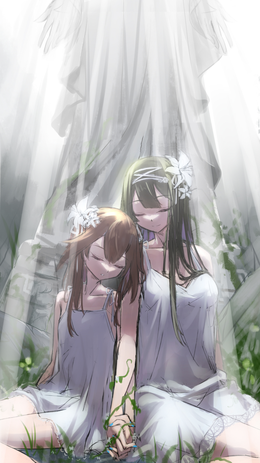 2girls, brown_hair, camisole, closed_eyes, day, duel_monster, exosister_irene, exosister_sophia