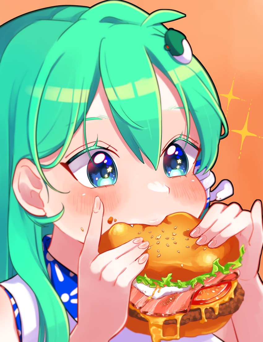 1girl, absurdres, ahoge, blue_eyes, blush, burger, commentary_request, eating
