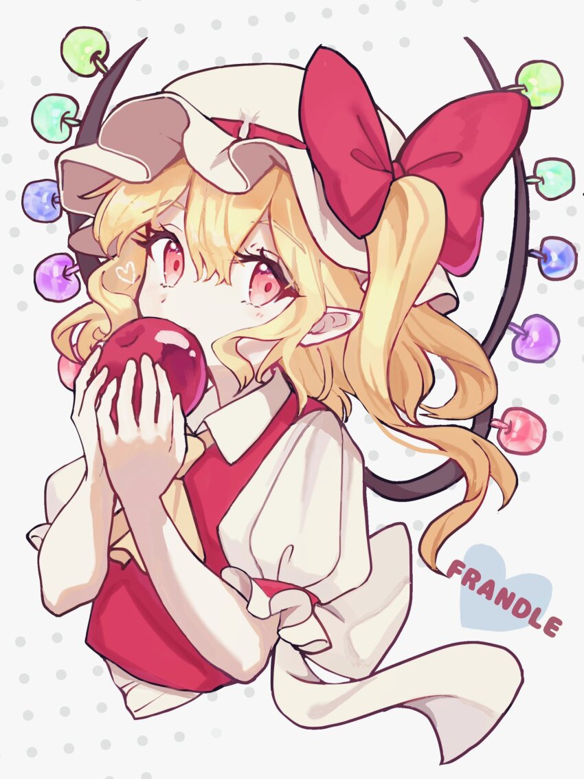 1girl, alternate_wings, apple, ascot, blonde_hair, cropped_torso, flandre_scarlet, food
