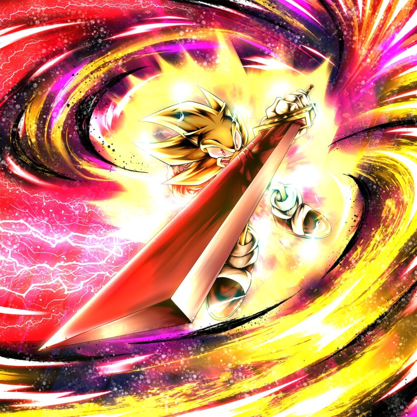 1boy, absurdres, animal_ears, animal_nose, body_fur, buster_sword, dragon_ball, dragon_ball_legends, final_fantasy, final_fantasy_vii, gloves, hedgehog, highres, holding, holding_weapon, huge_weapon, red_eyes, red_footwear, shoes, short_tail, sonic_(series), sonic_the_hedgehog, super_sonic, sword, tail, tcdynamite12, weapon, white_gloves, yellow_fur