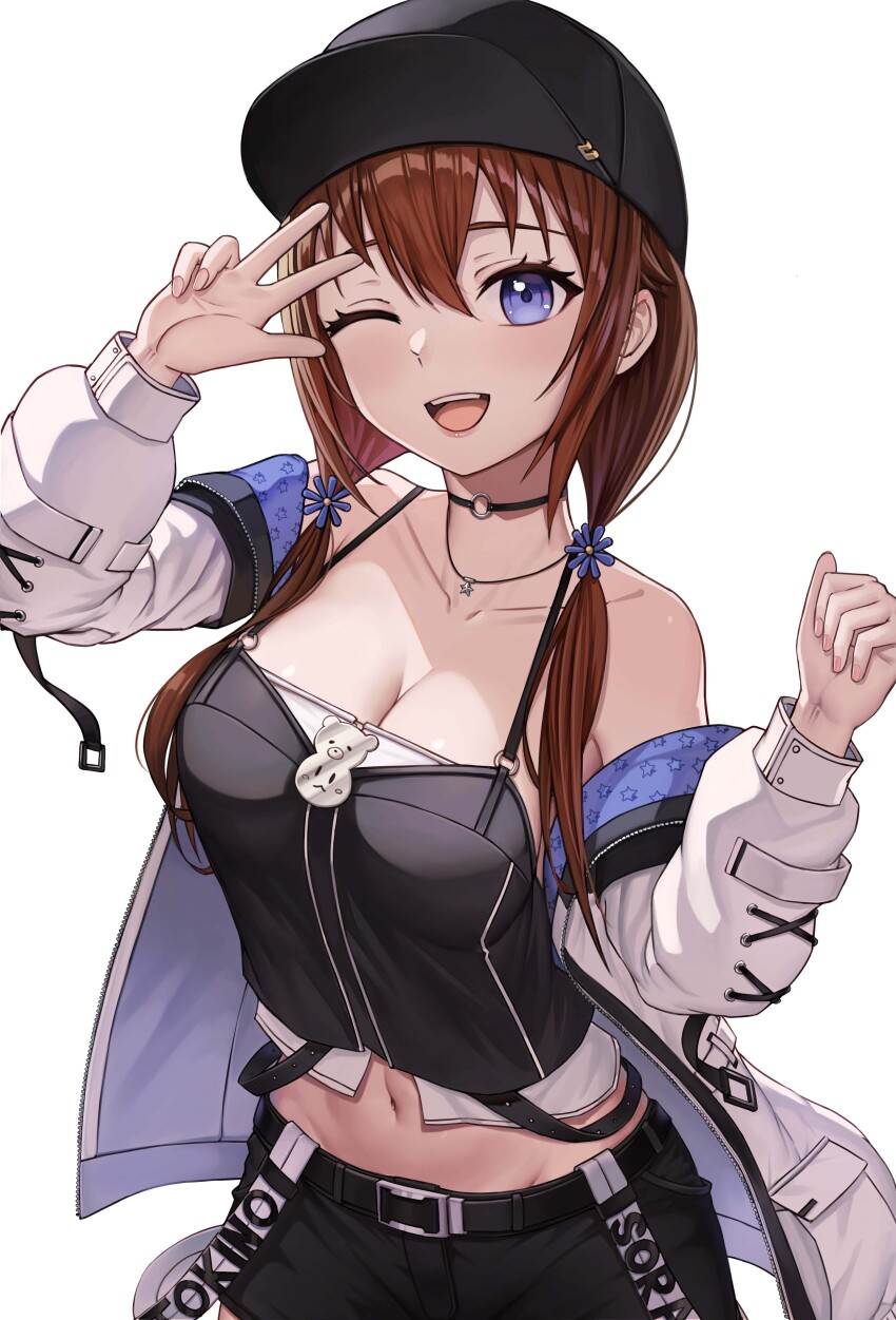1girl, absurdres, ahaha_kun, bare_shoulders, belt, blue_eyes, breasts, brown_hair